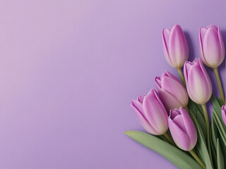 Violet tulips on pastel violet background. Concept Women's Day, March 8. 8th march. Spring background. Flat lay, top view, copy space