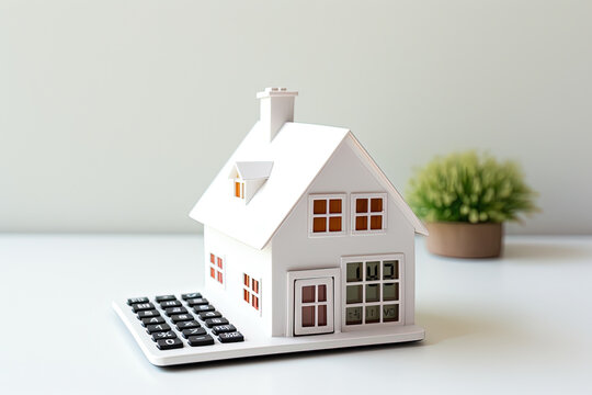 Miniature house model - calculator on table. calculations and planning when buying property. Mortgage, rent and real estate concept