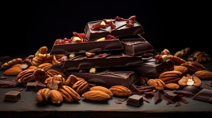  a pile of chocolate with nuts and almonds on a table.  generative ai