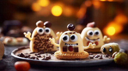 Halloween cookies with funny monsters on a plate. Halloween concept.