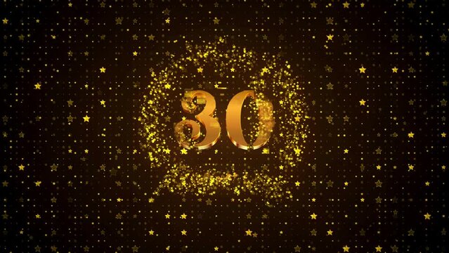 Luxury Motion View Golden Shiny Happy 30th Anniversary Logo reveal On Golden Brown Twinkle Star Shape Particles Sparkle Pattern Background