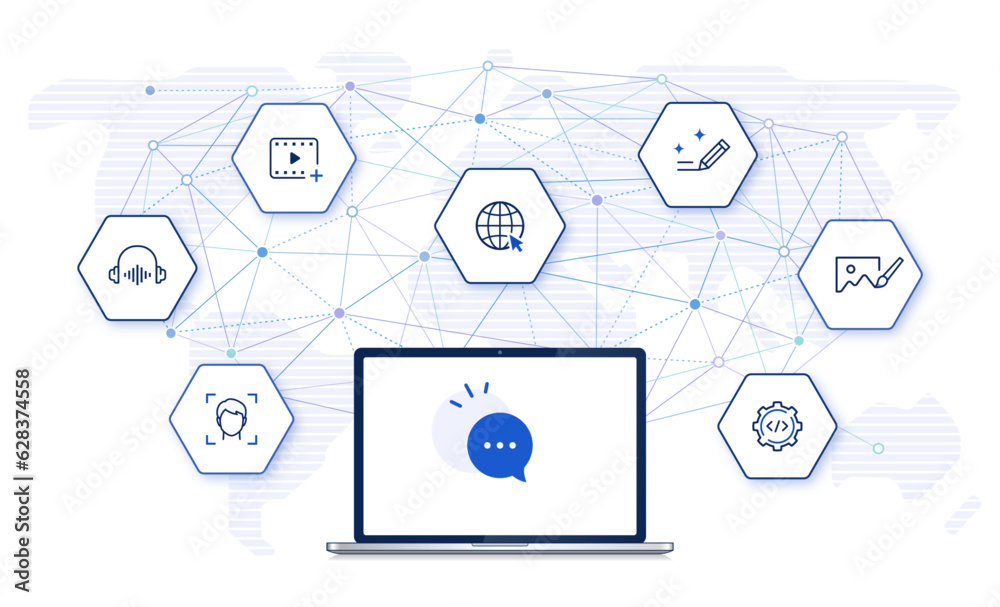 Poster generative ai chat use cases with icons: visuals, audio, text, code generation. laptop computer fron