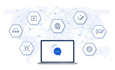 Generative AI chat use cases with icons: visuals, audio, text, code generation. laptop computer front view, digital network and world map background. editable stroke vector illustration