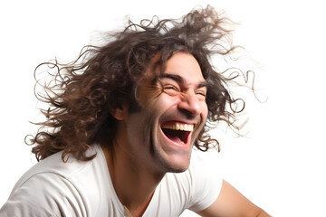 A Caucasian man enjoying a leisurely bike ride, the wind in his hair and a smile on his face, isolated on perfect white background. Generative AI