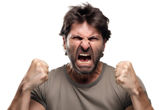A Caucasian man clenching his fists in frustration, his face filled with anger and disappointment, isolated on perfect white background. Generative AI