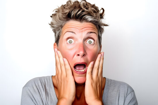 A Caucasian woman expressing disbelief, her hand covering her mouth in shock, isolated on perfect white background. Generative AI
