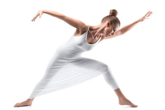 A Caucasian woman practicing yoga, her body gracefully flowing with rhythm, isolated on perfect white background. Generative AI