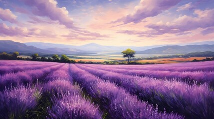  a painting of a lavender field with a lone tree in the distance.  generative ai