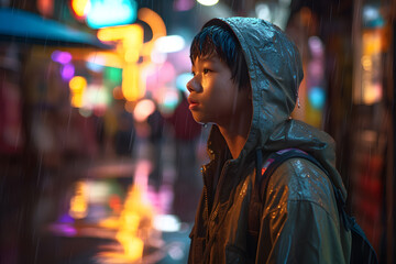A young Asian boy walking along a rain-soaked street, his face highlighted by the reflections of neon signs on the wet pavement. Joy and contemplation. Generative AI
