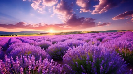 Fototapeta premium a field of lavender flowers with the sun setting in the background. generative ai