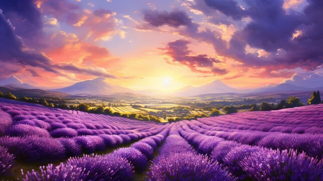  a painting of a lavender field with the sun setting in the background.  generative ai