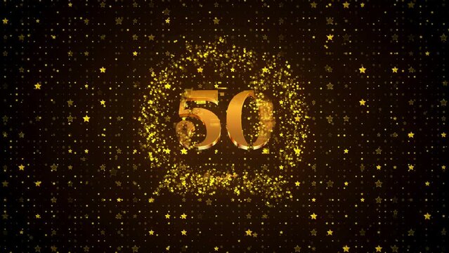 Luxury Motion View Golden Shiny Happy 50th Anniversary Logo reveal On Golden Brown Twinkle Star Shape Particles Sparkle Pattern Background