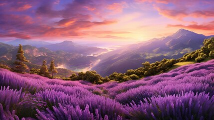  a painting of a mountain landscape with lavender flowers in the foreground.  generative ai