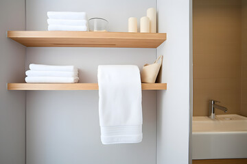 Fototapeta na wymiar Contemporary bathroom with an empty wall and a small shelf holding neatly folded towels. Generative AI