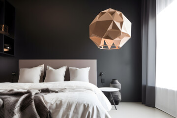 Contemporary bedroom with a blank wall and a stylish pendant light as the focal point. Generative AI