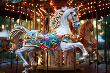 Fototapeta na wymiar Pegasus Carousel Delights Children In Whimsical Park