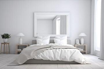 Fototapeta na wymiar Contemporary bedroom with a spacious white wall and an empty frame mockup, inviting creativity and customization. Generative AI