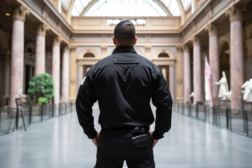 Security Guard In Black Stands With His Back To Museums