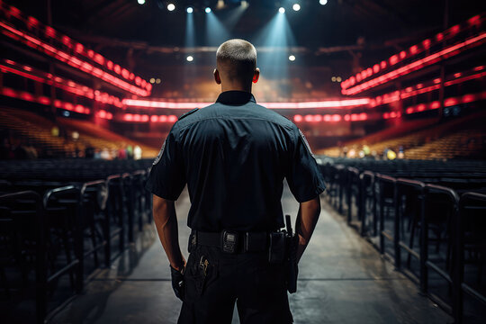Security Guard In Black Stands With His Back To Concert Venues