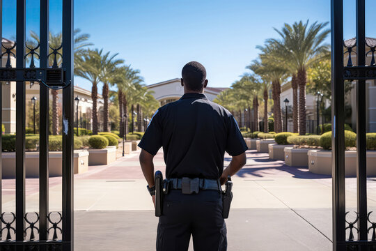 Security Guard In Black Stands With His Back To Gated Communities