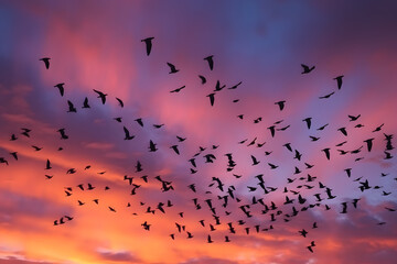 Flock of birds in flight against a colorful sunset sky. Generative AI