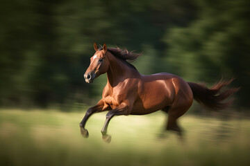 Fototapeta premium Panning shot of a horse galloping in a field, capturing the majestic motion. Dynamic and energetic image that showcases the power and grace of the animal. Generative AI