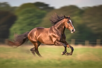Panning shot of a horse galloping in a field, capturing the majestic motion. Dynamic and energetic image that showcases the power and grace of the animal. Generative AI