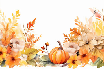 Naklejka na ściany i meble Watercolor autumn background with mushrooms, leaves and pumpkins. Illustration. ai generated 