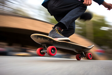 Panning shot of a skateboarder performing tricks in a skate park, capturing the fluid and fast-paced motion of the skater. Generative AI