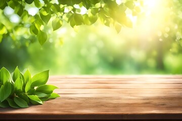 Beautiful Spring Background with Green lush young foliage and an empty wooden table outdoors. Natural template with bokeh beauty and sunshine, Generative Ai Art