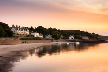 Fototapeta premium Serene sunset over a tranquil seaside town, with sailboats gently gliding on calm waters, evoking a sense of relaxation and coastal charm during the summer months. Generative AI