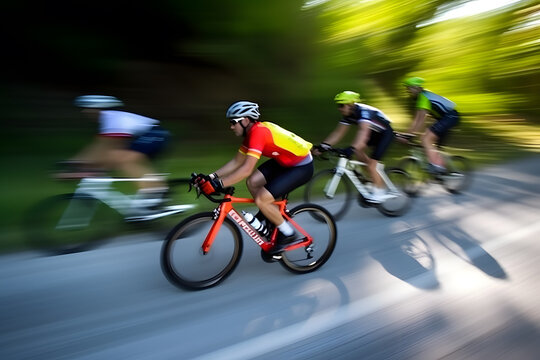 Panning shot of a group of cyclists racing on a winding road, capturing the dynamic motion of the cyclists. Generative AI