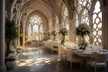 Modern and stylish interior design of a wedding ballroom with a touch of luxury and prestige. Created with generative AI technology.