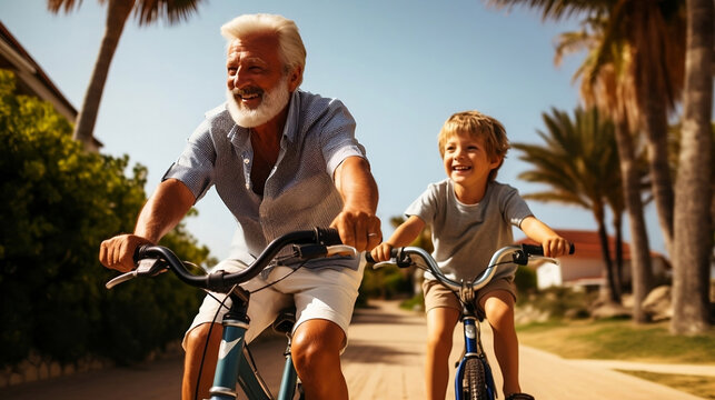 Grandfather Teaching His Grandson How To Ride A Bike.
Grandson Cycling Bicycle With His Funny Senior Man At The City Park During Summer Vacations. Generative AI.