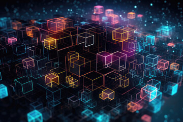 Fototapeta premium Bunch Of Cubes That Are In The Air. Abstract Representation Of Blockchain Data Blocks