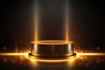 Fototapeta na wymiar Abstract Golden Cylindrical Pedestal Podium With Glowing Effects. Mockup For Prodcut