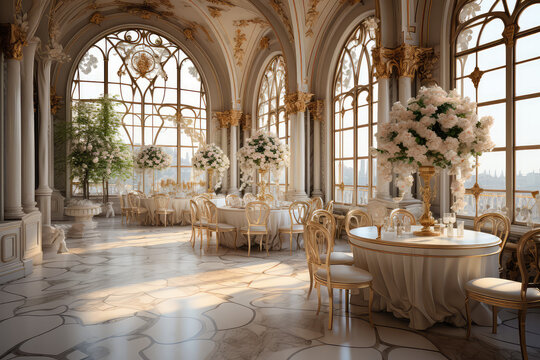 Modern and stylish interior design of a wedding ballroom with a touch of luxury and prestige. Created with generative AI technology.