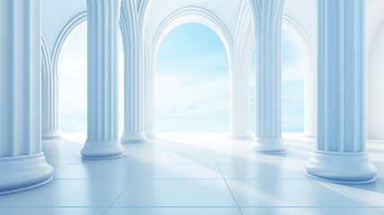 Minimalist white and light blue architectural background with slanted columns. Generative AI