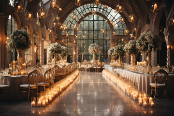 Modern and stylish interior design of a wedding ballroom with a touch of luxury and prestige. Created with generative AI technology.