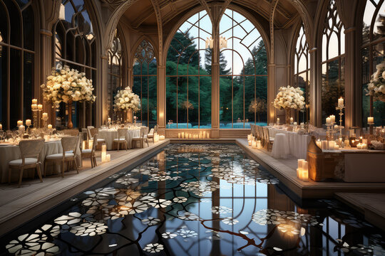 Modern and stylish interior design of a wedding ballroom with a touch of luxury and prestige. Created with generative AI technology.