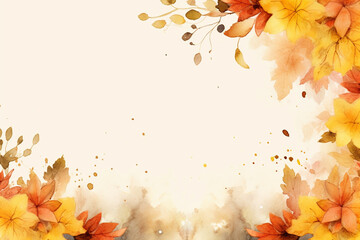 Obraz premium Watercolor autumn background with mushrooms, leaves and pumpkins. Illustration. ai generated 