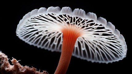  a close up of a white mushroom on a black background.  generative ai