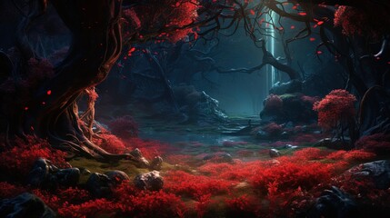  a dark forest with red leaves and a light at the end. generative ai