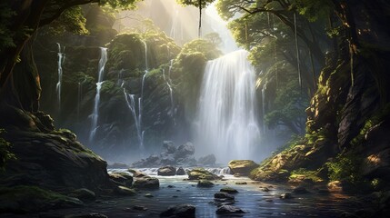  a painting of a waterfall in the middle of a forest.  generative ai