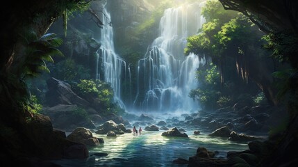  a painting of a waterfall in a forest with people in the water.  generative ai