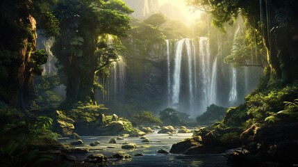 Obraz premium a painting of a waterfall surrounded by trees and rocks in the jungle. generative ai
