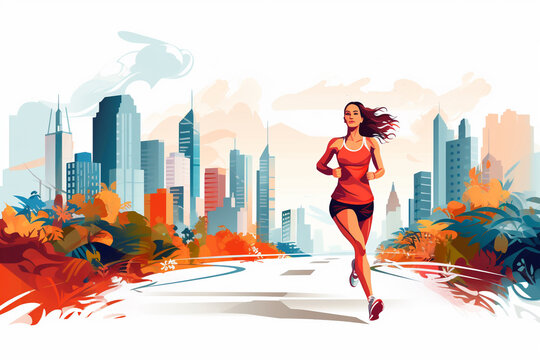  Illustration of a woman jogging in the city, Generative Ai