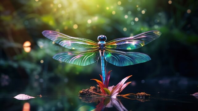  a blue and green dragonfly sitting on top of a pond.  generative ai