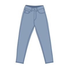Blue denim pants. Women's high waist jeans, front view.  Modern casual apparel item. Flat vector illustration