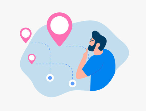 Online Order Delivery concept. Efficient Self-Delivery Warehouses and offline stores. Man character chooses point of receiving the order on the map with red pin buttons. Isolated on white background